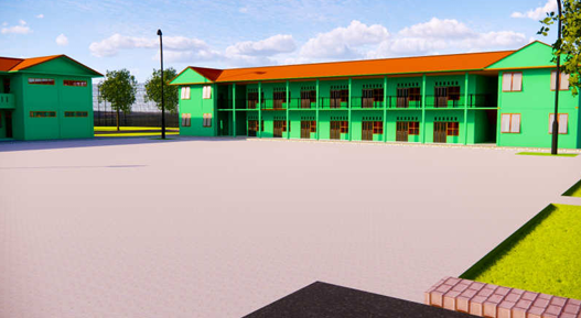 3D rendering of modern high-rise building with glass façade and complex geometric shapes